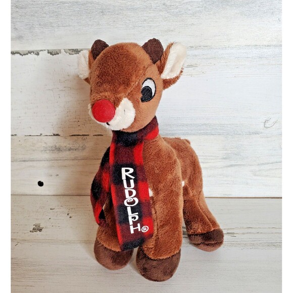 Rudolph the Red Nosed Reindeer 8" Christmas Plush Stuffed Animal Plaid Scarf - Picture 1 of 10